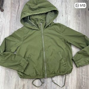 Sixty Eight M Army Green Crop Rain Jacket Hooded Shell Lined Zip Up
